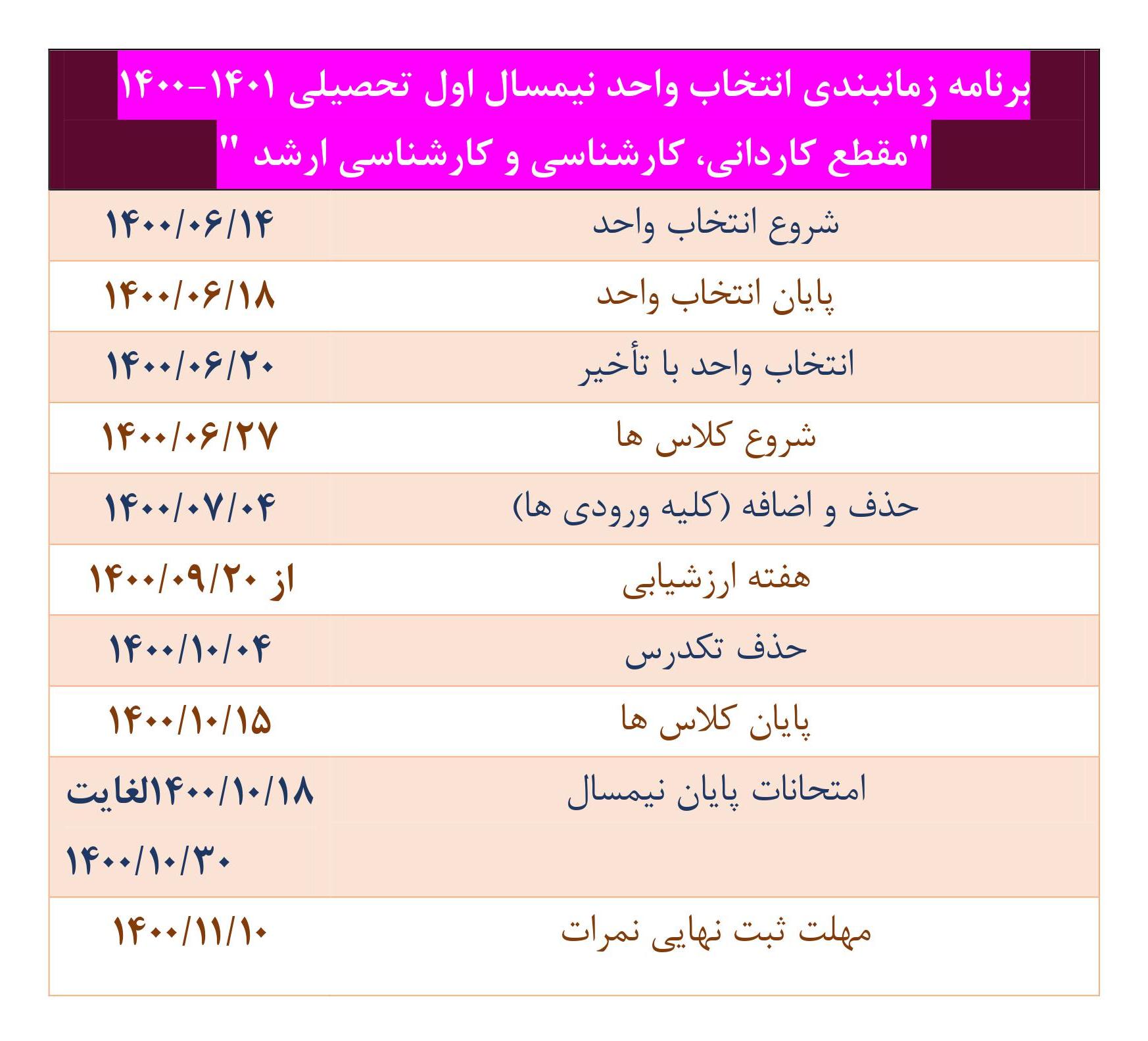تقویم نیمسال اول سال تحصیلی 1401-1400