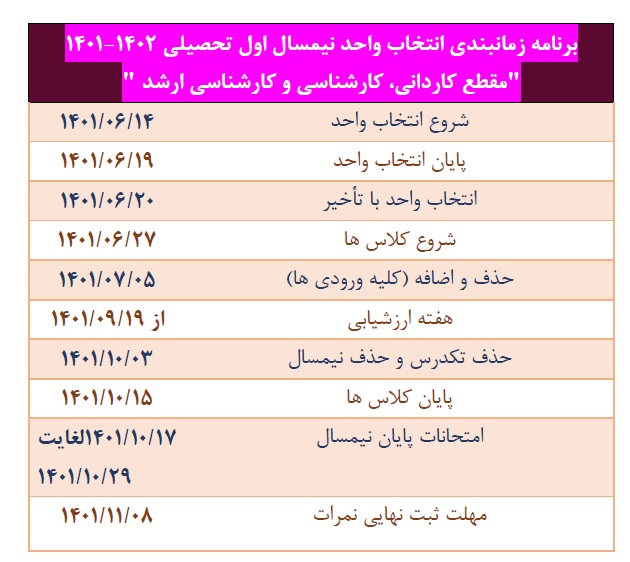 تقویم آموزشی نیمسال اول سال تحصیلی 1402-1401